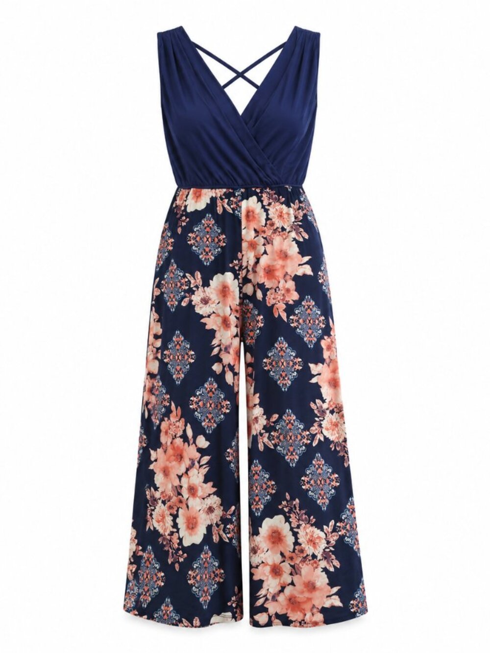 NWT Navy Floral Wide Leg Palazzo Jumpsuit Criss Cross Sleeveless Boho Chic M